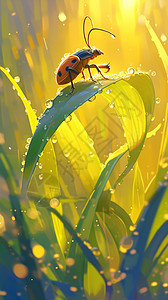 雨后趴在草叶上一个七星瓢虫背景图片