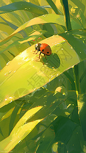 雨后趴在草叶上一个可爱小小的七星瓢虫图片