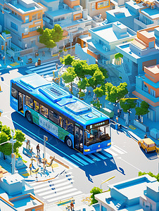 在城市街道上行驶的蓝色公交车图片