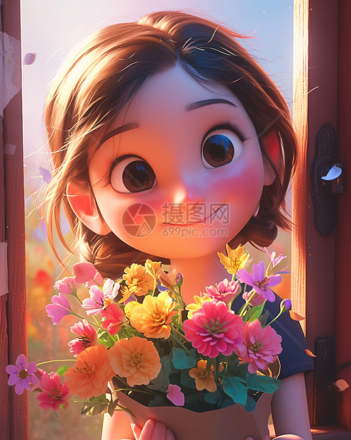 站在窗边手捧着花束面带微笑的可爱卡通女孩图片