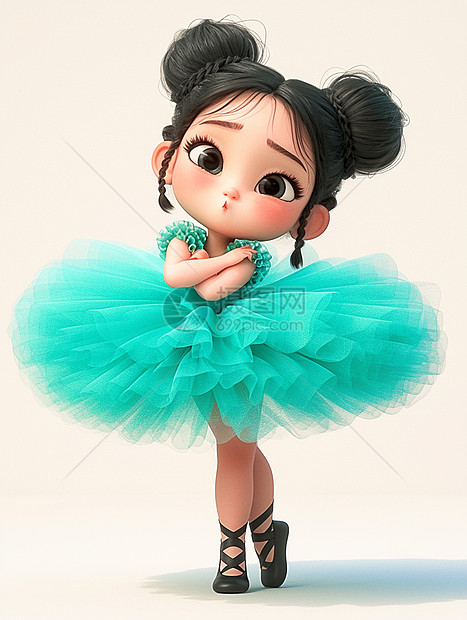 穿着绿色蓬蓬裙开心跳舞的可爱卡通小女孩图片