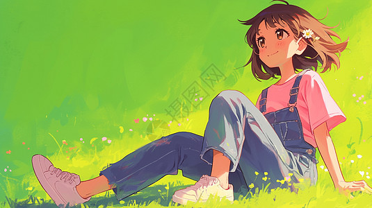 蓝色背带裤坐在草地上休息的可爱卡通小女孩图片