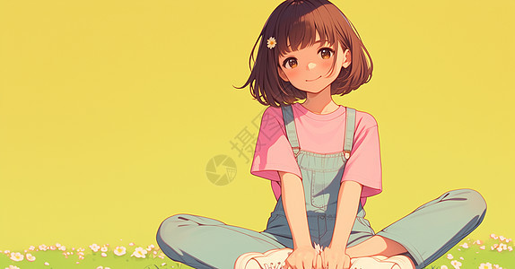穿着蓝色背带裤坐在草地上休息的卡通小女孩图片