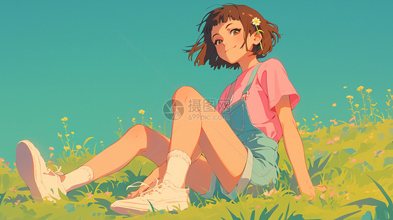 穿着背带裤坐在草地上休息的可爱卡通小女孩图片
