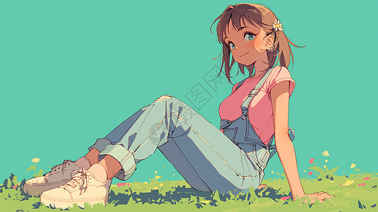 穿着蓝色背带裤坐在草地上卡通小女孩图片