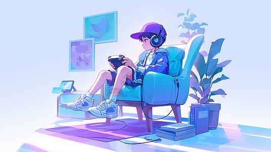 戴着棒球帽坐在沙发上看书听音乐的卡通男孩图片