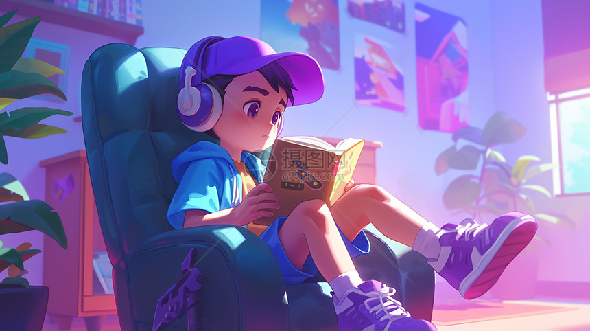 坐在沙发上认真看书听音乐的卡通男孩图片