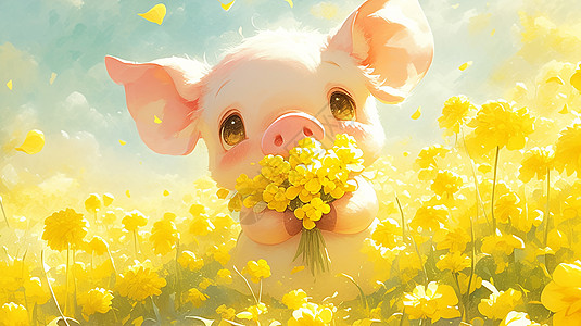 在油菜花园中抱着黄色小花可爱的卡通小猪图片
