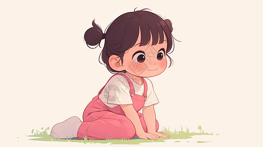 粉色背带裤坐在草地上休息的可爱卡通小女孩图片