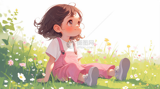 穿着粉色背带裤坐在休息的可爱卡通小女孩图片