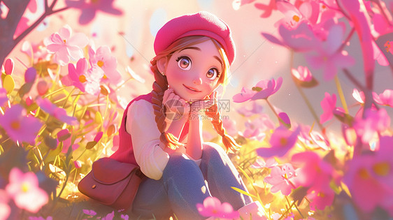 戴着粉色贝雷帽坐在花园中赏花的女青年图片