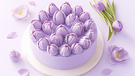 浅紫色郁金香花朵主题美味的卡通蛋糕图片
