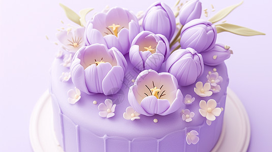 浅紫色花朵主题美味的卡通蛋糕背景图片
