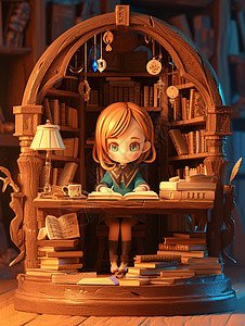 坐在小书房内认真写作业看书的可爱卡通小女孩图片