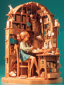坐在小小书房内写作业看书的卡通小女孩图片