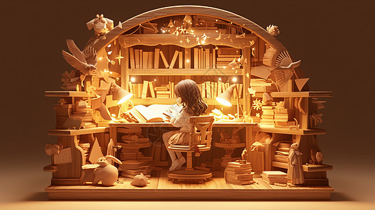一个可爱的小女孩坐在满是书的房间内看书学习图片