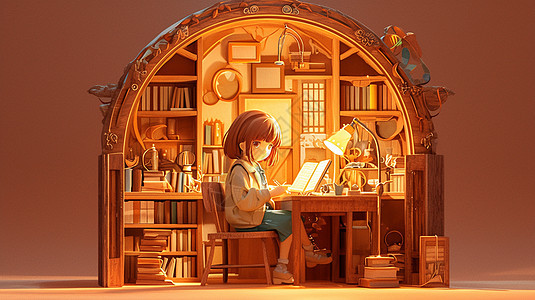 一个可爱的卡通小坐在满是书的房间内看书学习图片