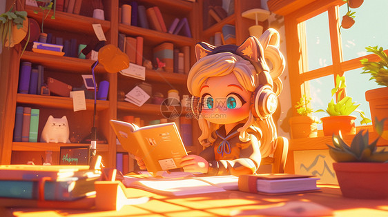 午后坐在书房内看书的可爱卡通小女孩图片