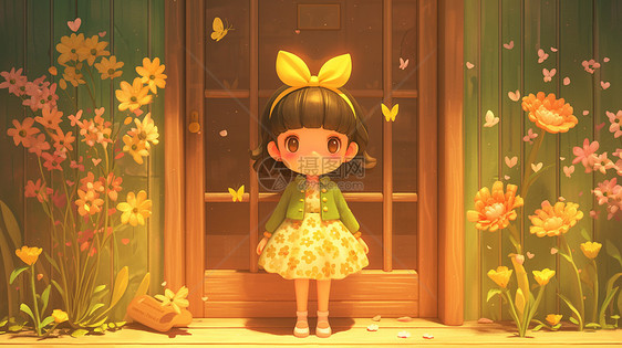 黄色蝴蝶结发卡穿着绿色外套可爱的卡通小女孩图片