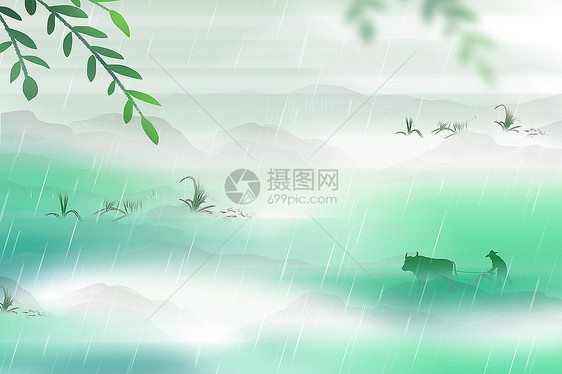 水墨意境风雨中耕作背景图片