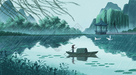 山水小船谷雨下的山水风景插画