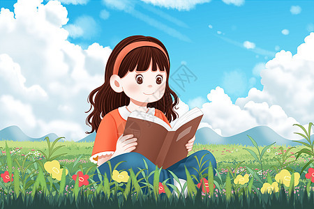 坐在草地上看书的女孩图片