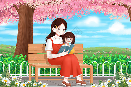 亲子时光公园里椅子上看书的母女插画