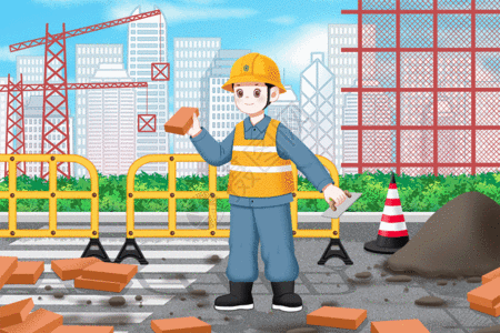安全帽工人五一劳动节插画劳动的建筑工人GIF高清图片