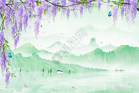 雨水玻璃窗春天水墨紫藤萝花谷雨气节插画插画