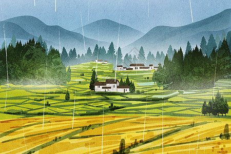 乡村风景手绘水彩谷雨节气乡村房屋田地小清新插画插画