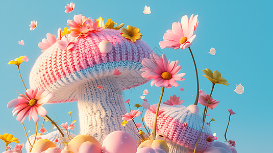 春天山坡上一大片美丽可爱的卡通毛线蘑菇图片