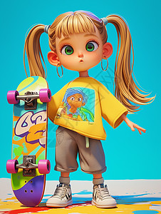 潮时尚身穿潮酷上衣手拿滑板的时尚卡通小女孩插画