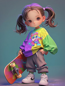 手拿滑板的时尚卡通潮酷小女孩背景图片