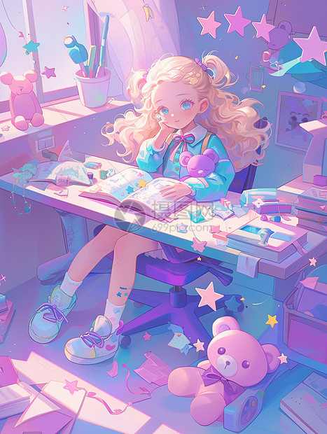 坐在书桌前安静看书的可爱卡通小女孩紫色主题插画图片