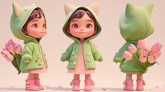 身穿绿色披风多角度可爱的卡通小女孩图片