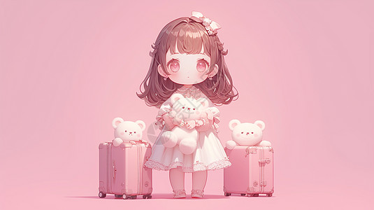 小熊粉色背景下站在大大的行李箱旁穿着公主裙可爱卡通小女孩插画