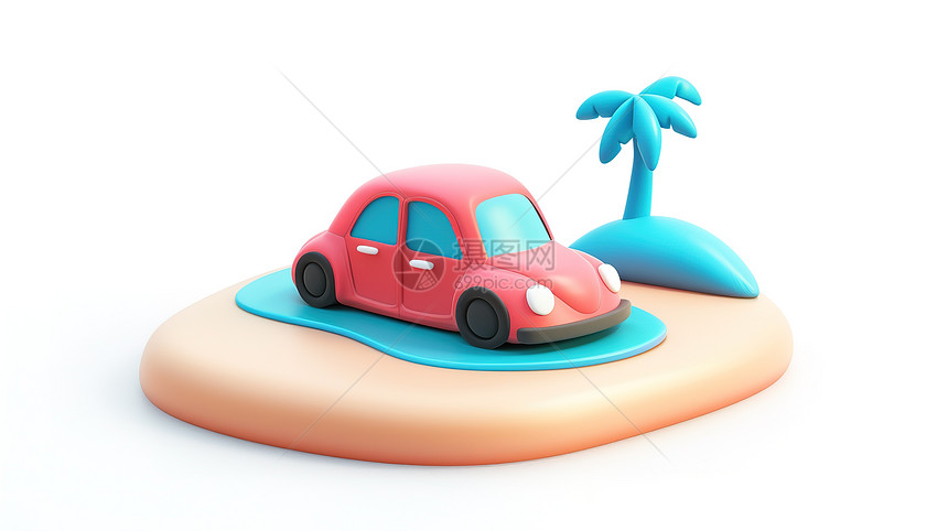 夏天海边粉色小汽车旅游3D图标图片