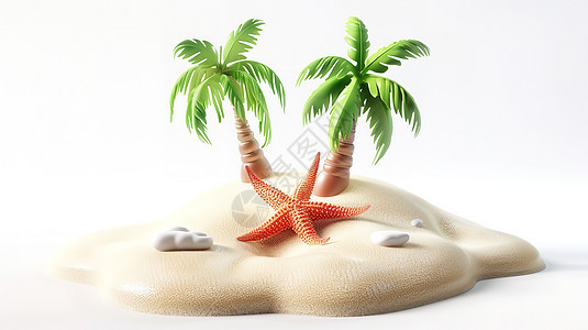 夏天沙滩海星椰子树3D图片