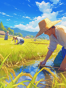 谷雨卡通戴着草帽在农田中的农民插画