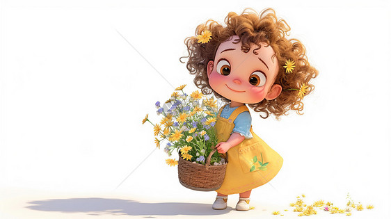 抱着花朵的卡通小女孩图片