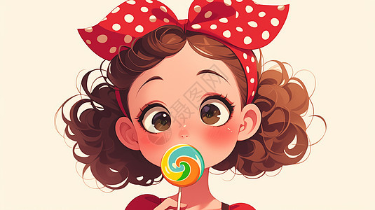 头戴红色波点发卡吃棒棒糖的女子图片