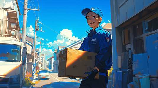 卡通箱子戴着蓝色棒球帽搬着箱子帅气的快递员插画