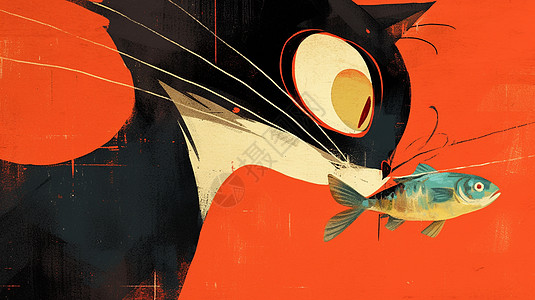 红色城门吃鱼的卡通小黑猫插画