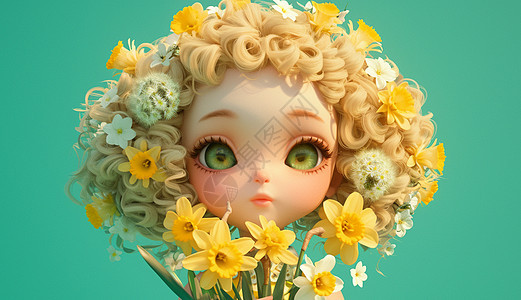 金色卷发大眼睛可爱的金发卡通女孩抱着花朵图片