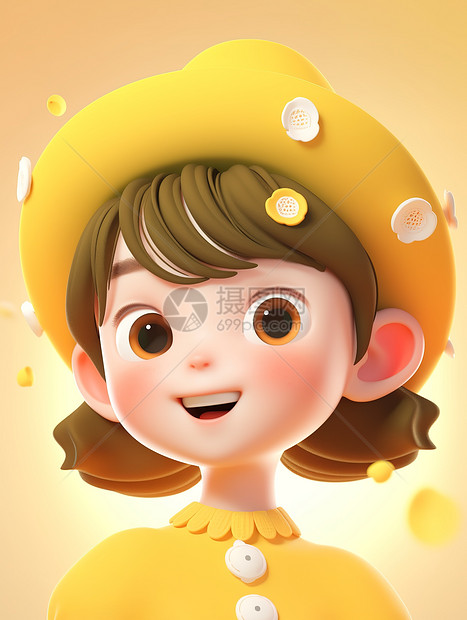 穿黄色连衣裙的3D可爱女孩图片