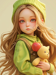 金色长发漂亮的小女孩怀抱着玩具图片