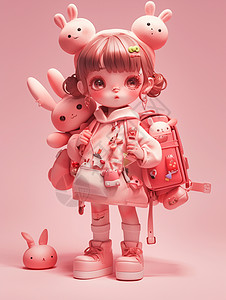 背着粉色书包可爱的立体卡通小女孩IP图片