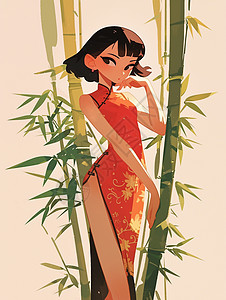 穿着旗袍在竹林间的卡通女人高清图片