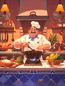 正在厨房努力做饭的卡通厨师图片