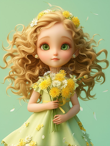 抱着一束黄色小花卷发立体可爱的卡通小女孩图片